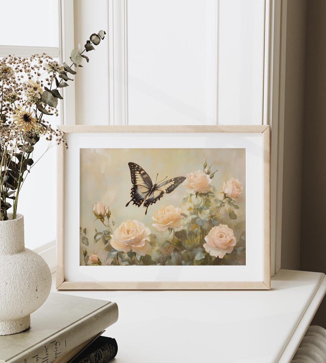 Swallowtail Butterfly Among Peach Roses Soft Vintage Floral Wall Art - Image 6