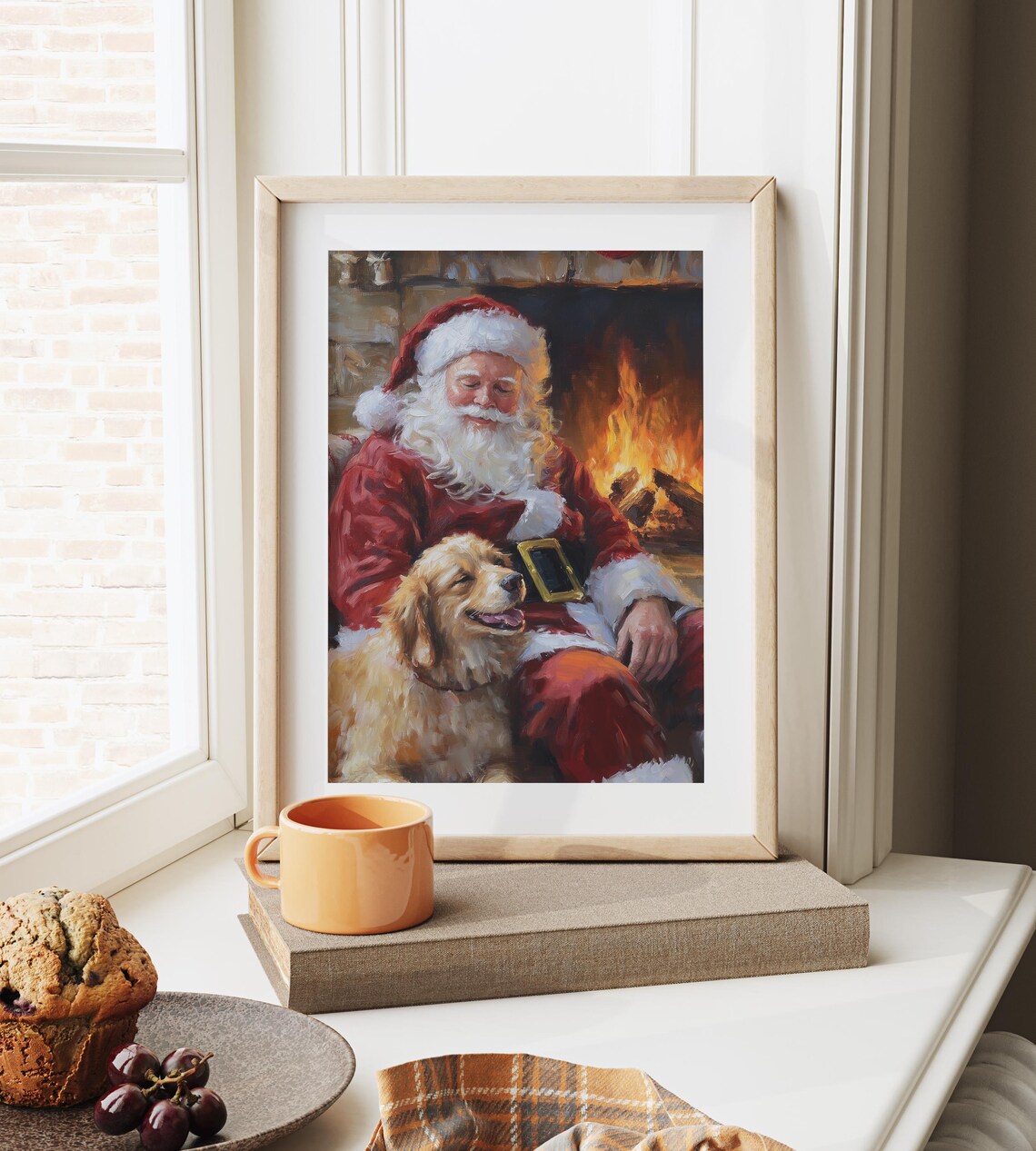 Santa Claus With Golden Retriever By Fireplace Holiday Art Poster - Image 2