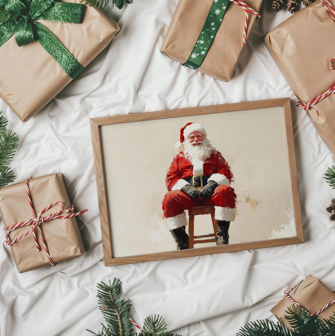 Santa Claus Sitting on Wooden Stool Classic Red Suit Portrait Poster - Image 2