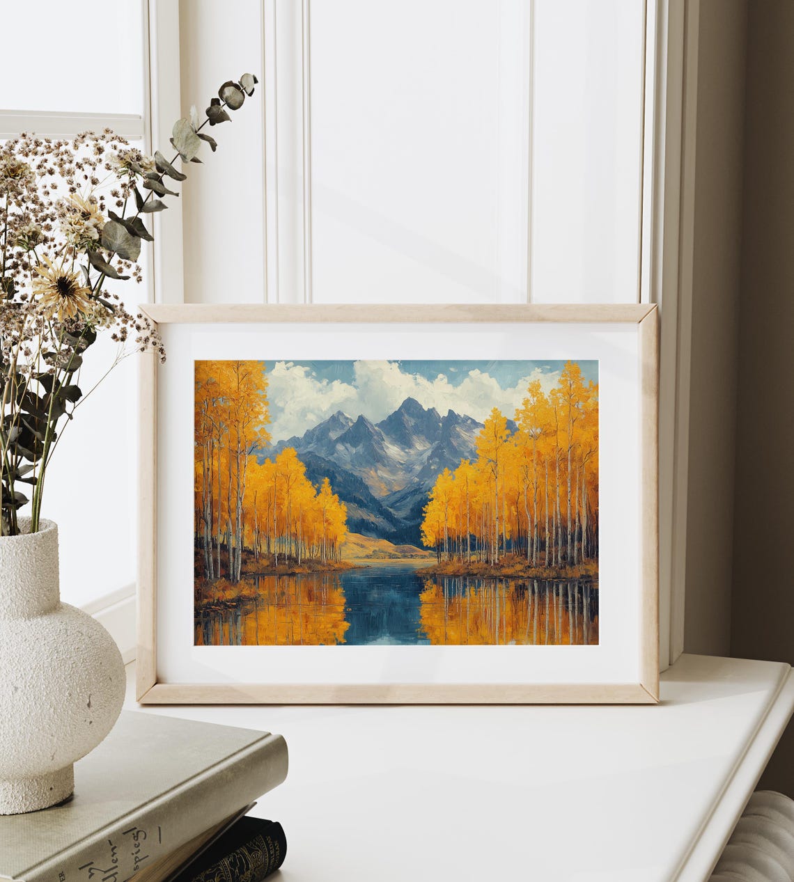 Golden Aspens Mirrored in Mountain Lake Under Snowy Peaks Poster - Image 6