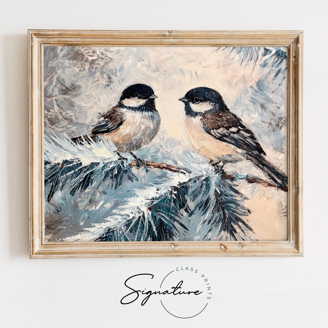 Two Chickadees On A Frosted Pine Branch In A Snowy Scene Poster