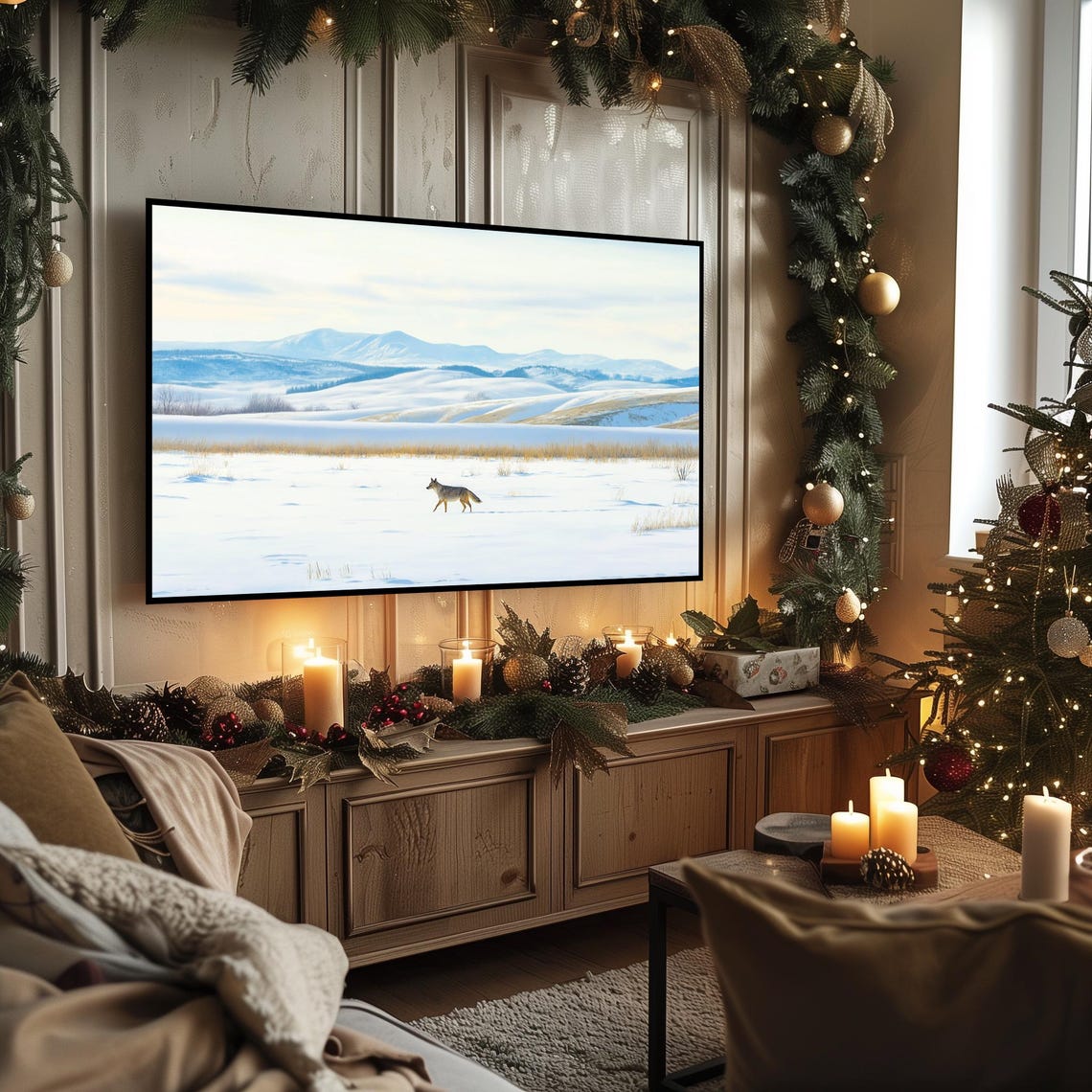 Lone Coyote in Snowy Meadow Beneath Mountain Winter Scene Poster - Image 3