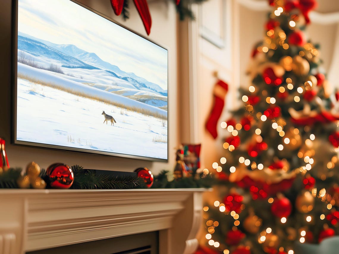Lone Coyote in Snowy Meadow Beneath Mountain Winter Scene Poster - Image 5