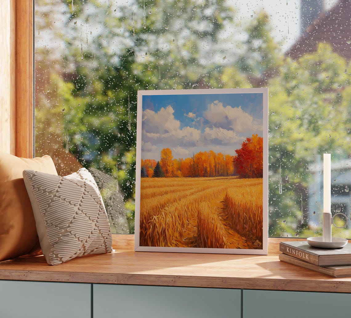 Golden Wheat Field Rows Autumn Treeline Dramatic Clouds Sky Poster - Image 2