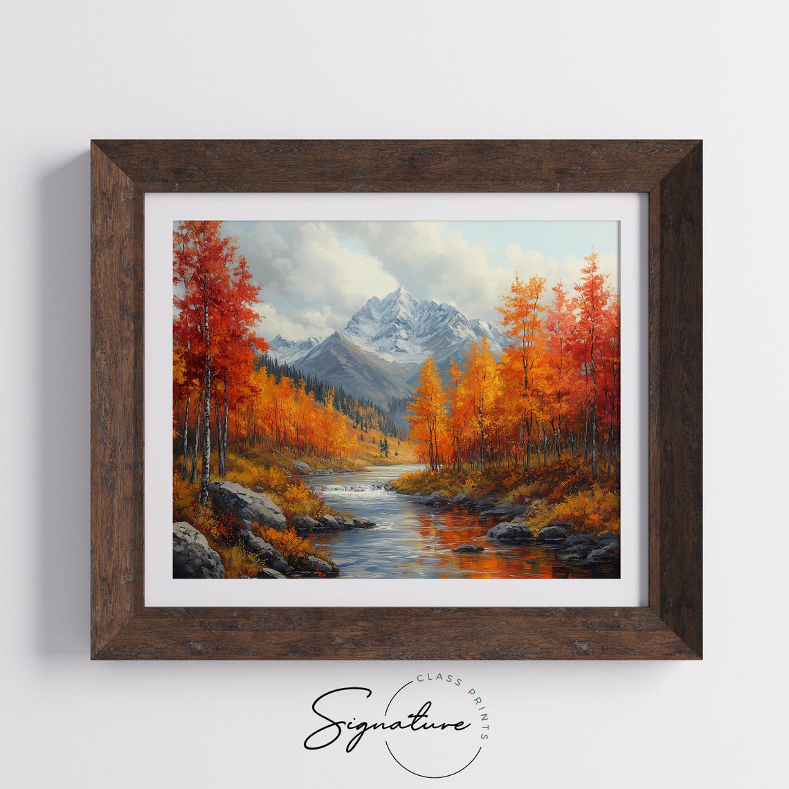 Mountain River Flowing Past Red Aspens Toward Snowy Peaks Wall Art - Image 5
