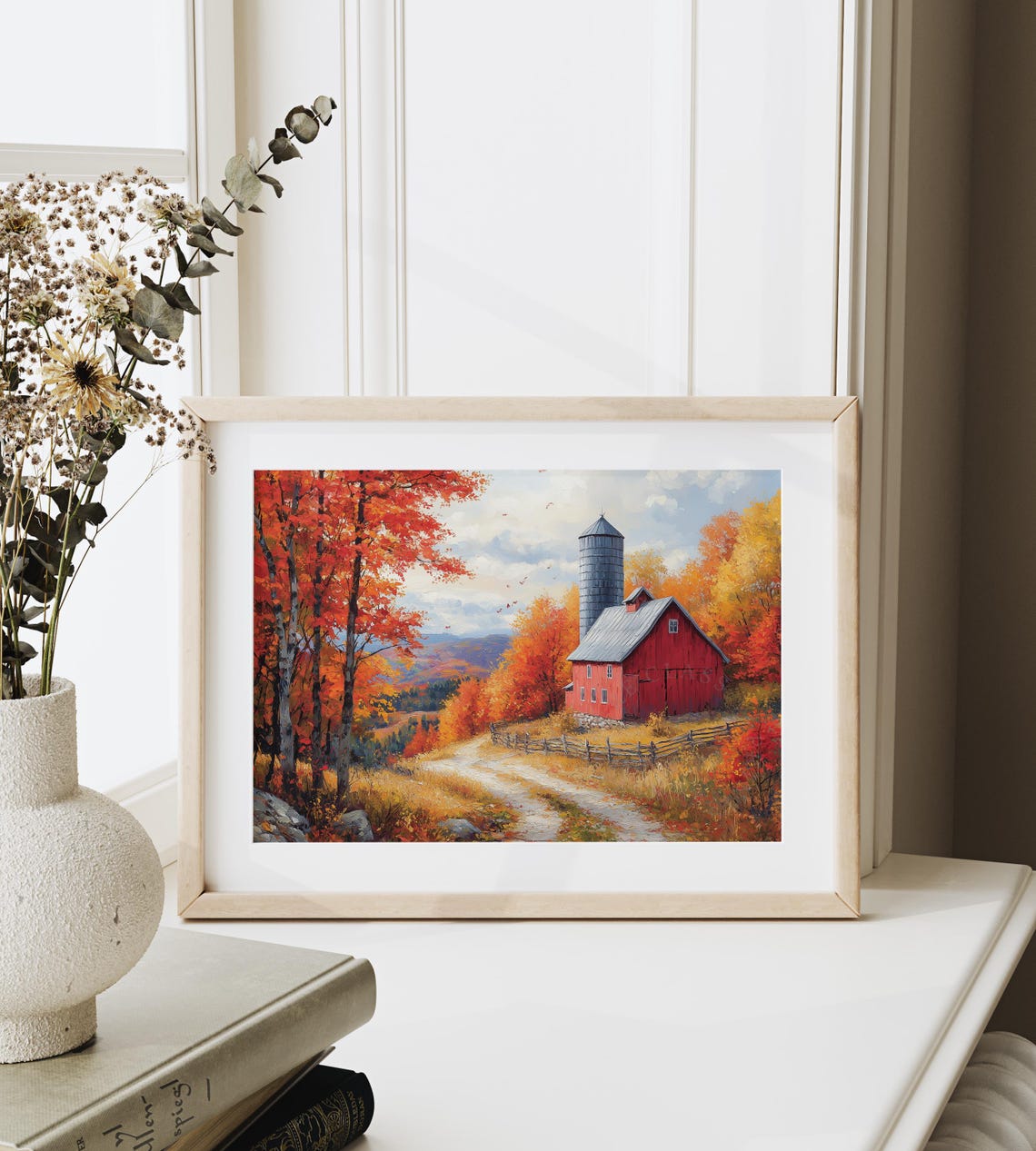 Red Barn Silo Autumn Valley Fall Farm Rustic Landscape Wall Art - Image 6