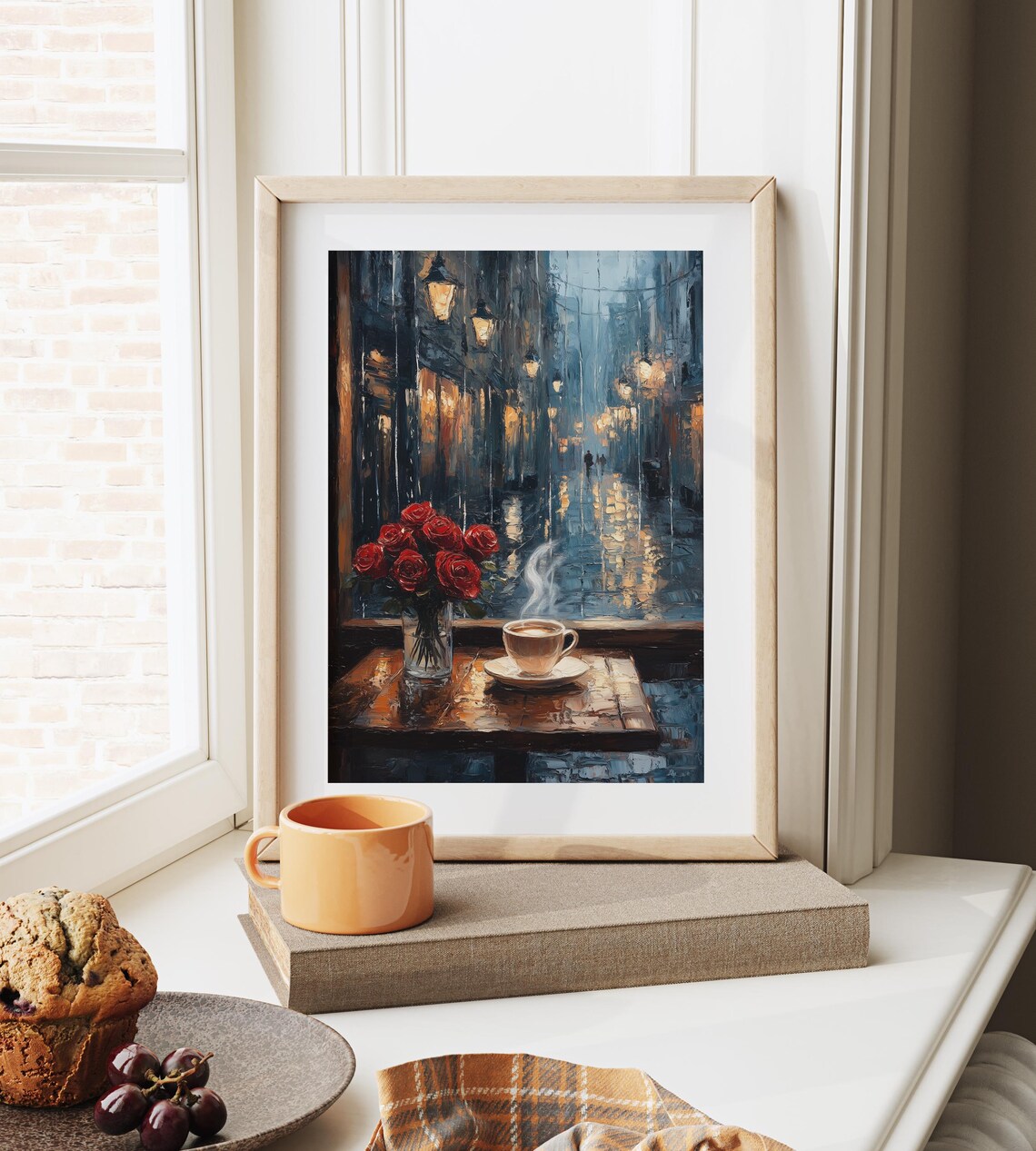 Moody Cafe Table With Roses, Rustic Romance Art Print - Image 4