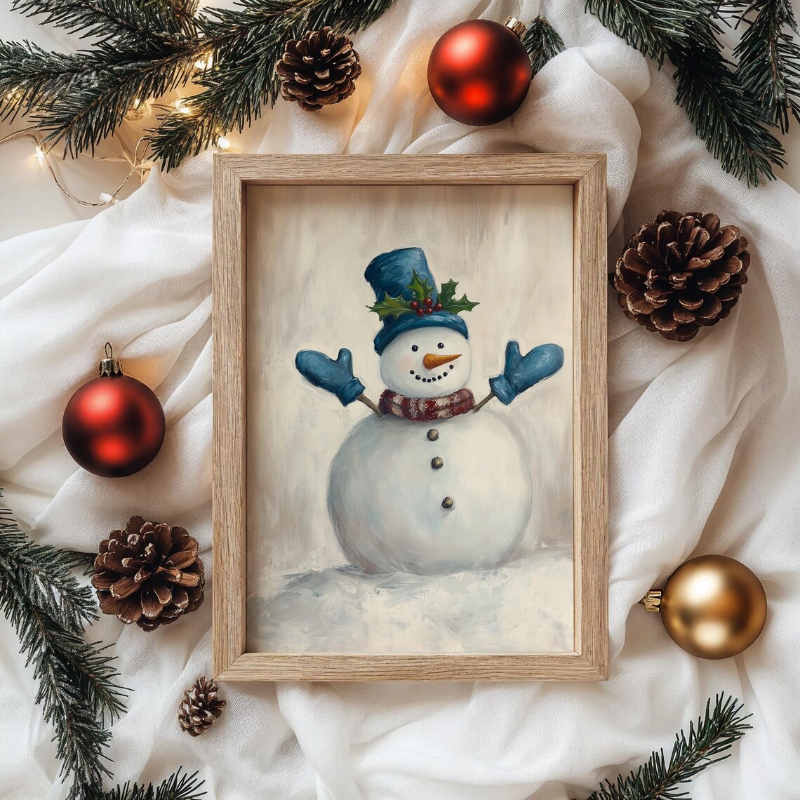 Cheerful Snowman in Blue Hat with Holly Christmas Painting Poster - Image 4
