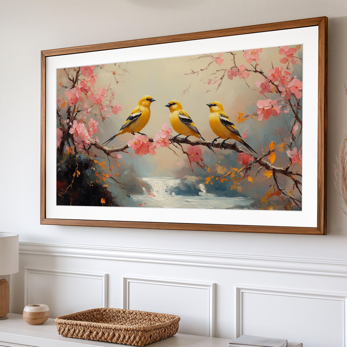 Yellow Songbird Trio On Pink Cherry Blossom Branch Spring Bird Art Poster - Image 2