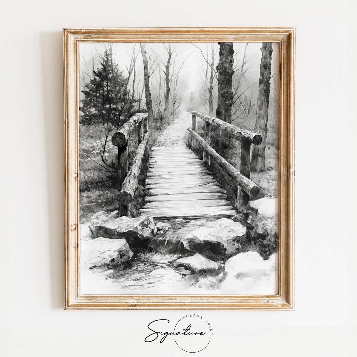 Rustic Wooden Footbridge Over Forest Stream Woodland Ink Poster