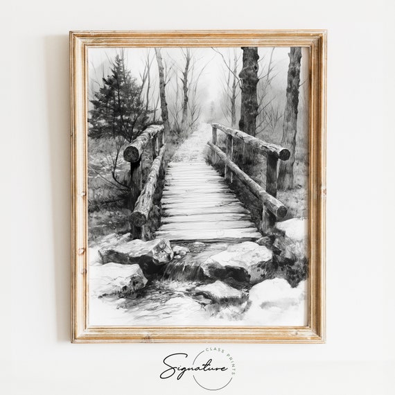 Rustic Bridge Art Wooden Bridge Over Forest Stream Tranquil Nature Wall Decor Serene Woodland Landscape Sketch Art 778