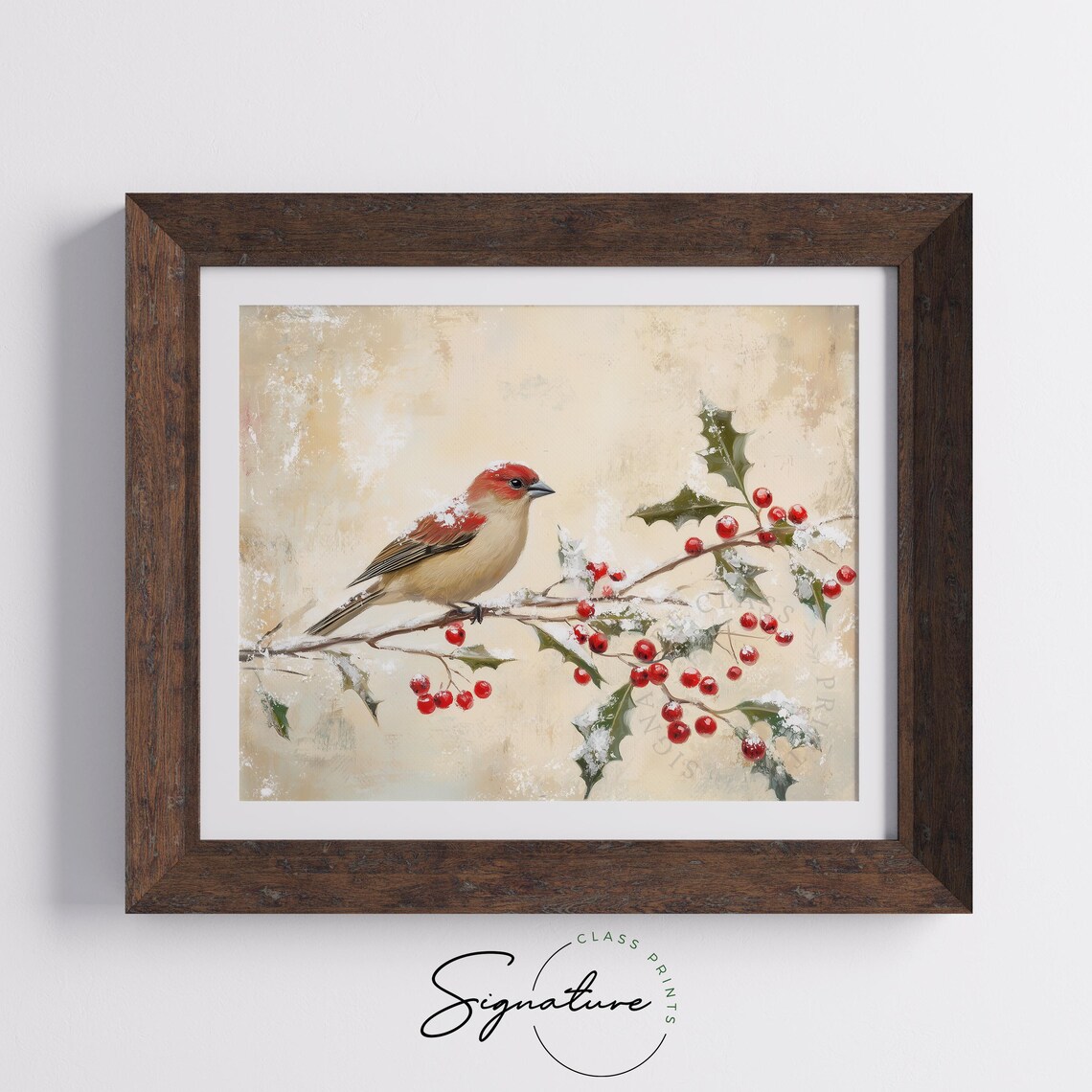 Rosy House Finch With Snowy Branches And Red Holly Winter Print - Image 4