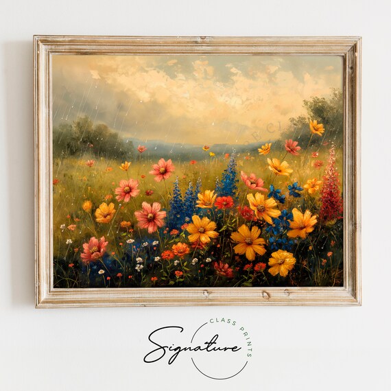Summer Rain Wildflower Meadow Cosmos Delphinium Shower Nature Oil Poster