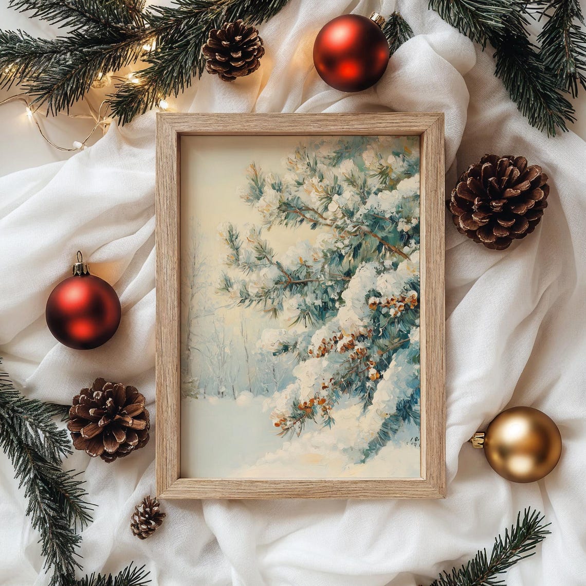 Snowy Pine Branch With Orange Berries In Winter Forest Poster - Image 4