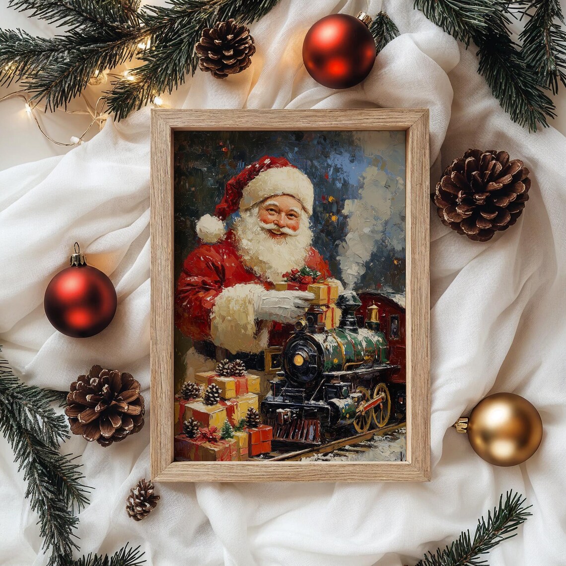 Santa Claus With a Vintage Steam Toy Train and Christmas Gifts Poster - Image 4