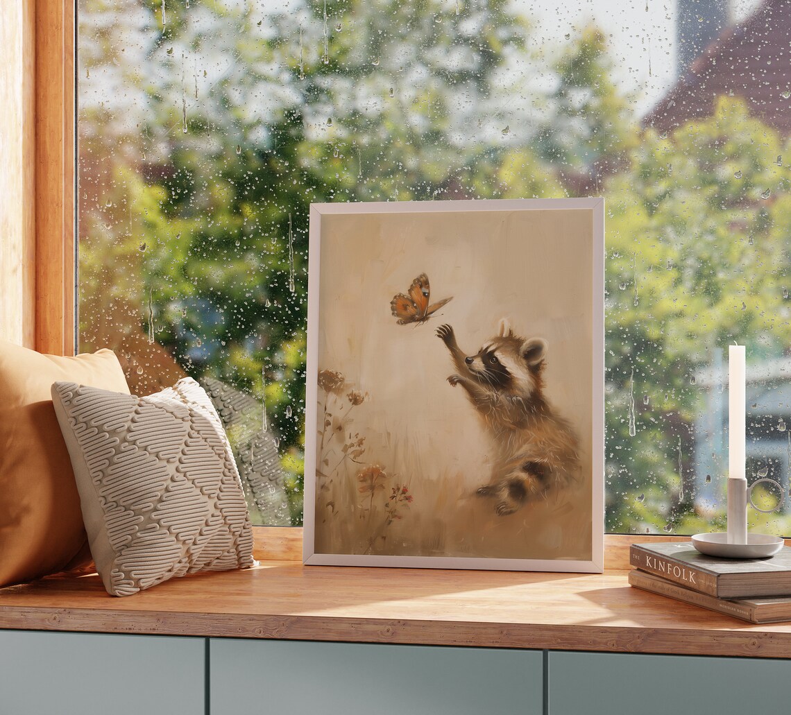 Playful Baby Raccoon Reaching for Butterfly in Meadow Poster - Image 2