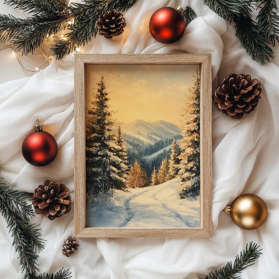 Snowy Woodland Path Through Evergreens in Warm Sunset Glow Poster - Image 4