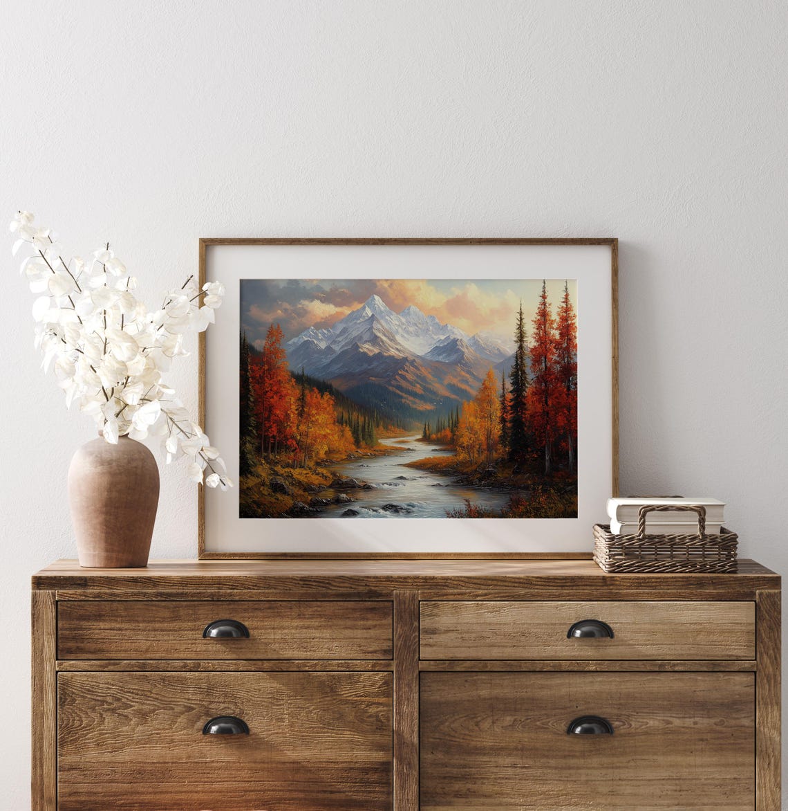 Autumn Mountain River Valley Snow Peaks Oil Painting Landscape Poster - Image 3