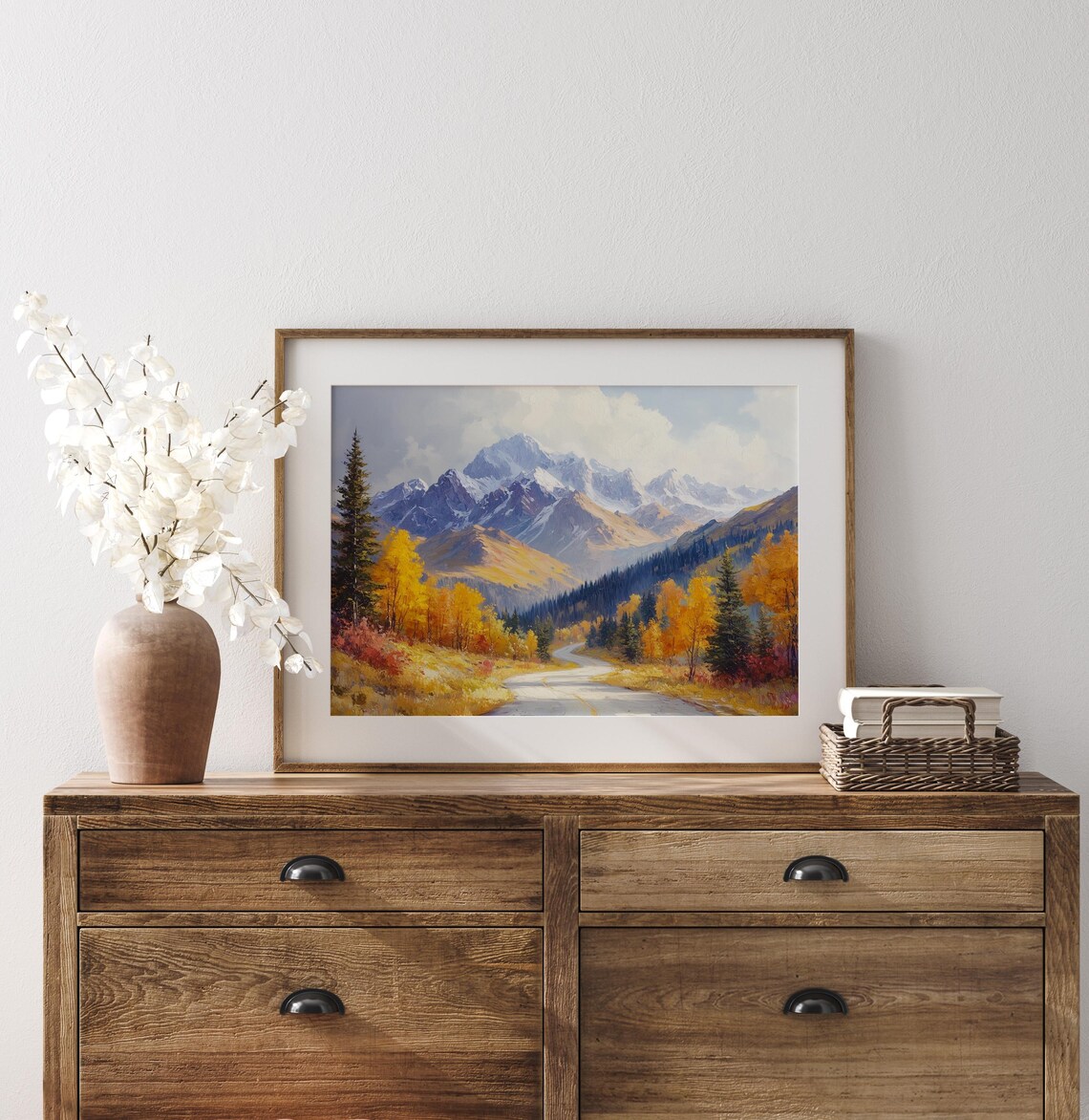 Country Road Golden Autumn Forest Snowy Peaks Oil Painting Poster - Image 3