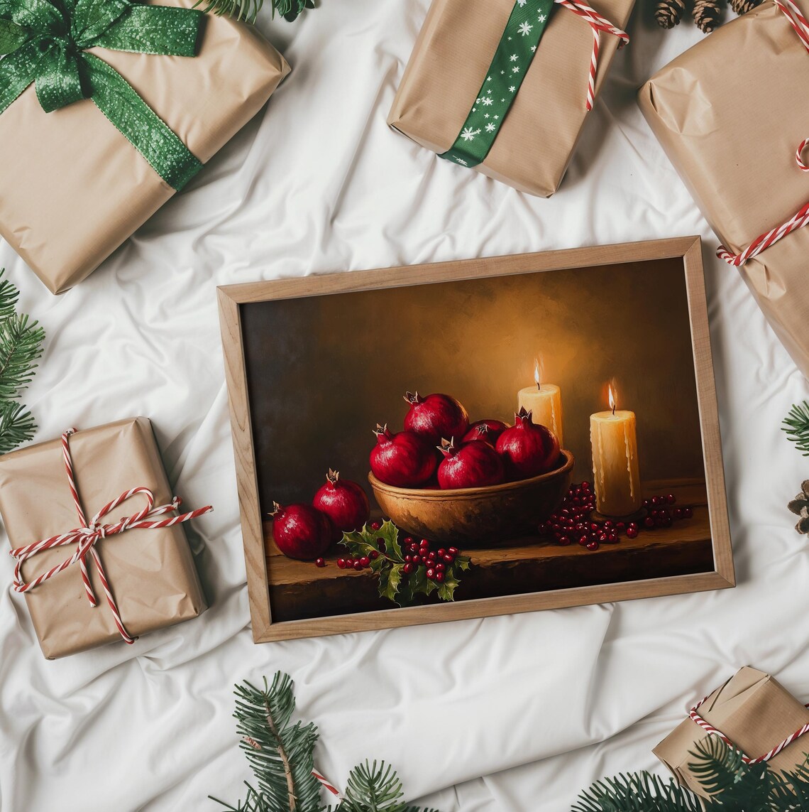 Pomegranates And Candles Moody Christmas Still Life Art Poster - Image 2