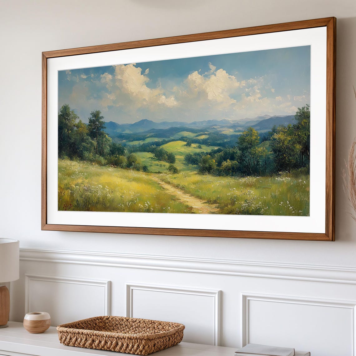 Sunlit Rolling Green Hills Winding Dirt Path Impressionist Oil Poster - Image 2