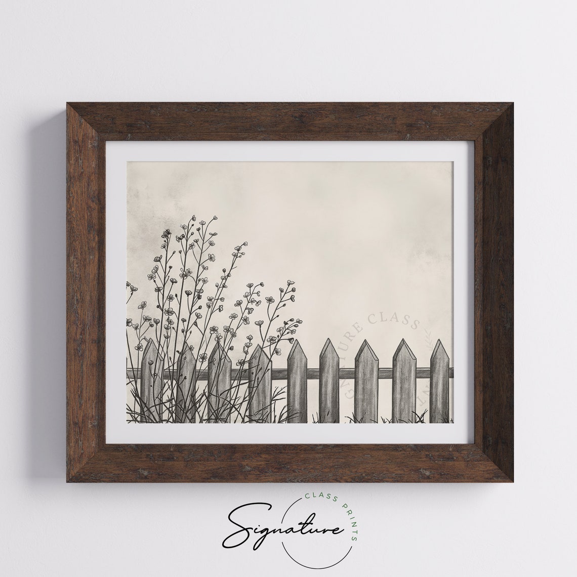 Picket Fence with Wildflowers and Grasses Pencil Sketch Poster - Image 5