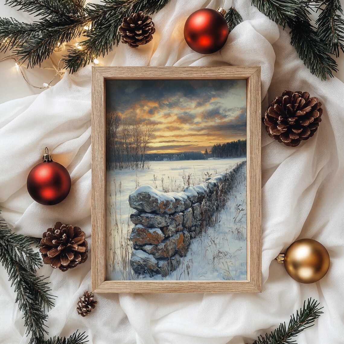 Snowy Stone Wall In A Frosty Field Under Golden Clouds Oil Painting Poster - Image 4