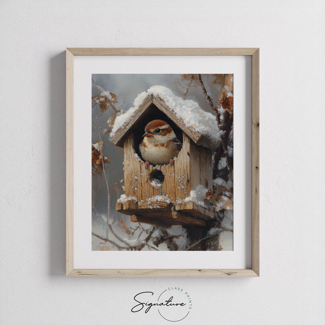 Sparrow Snowy Birdhouse Winter Bird Wildlife Cozy Cottagecore Art Poster - Image 3