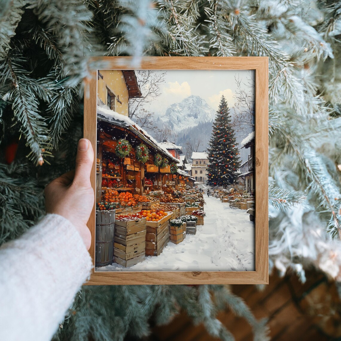 Snowy Christmas Market with Orange Crates in Town Square Poster - Image 6