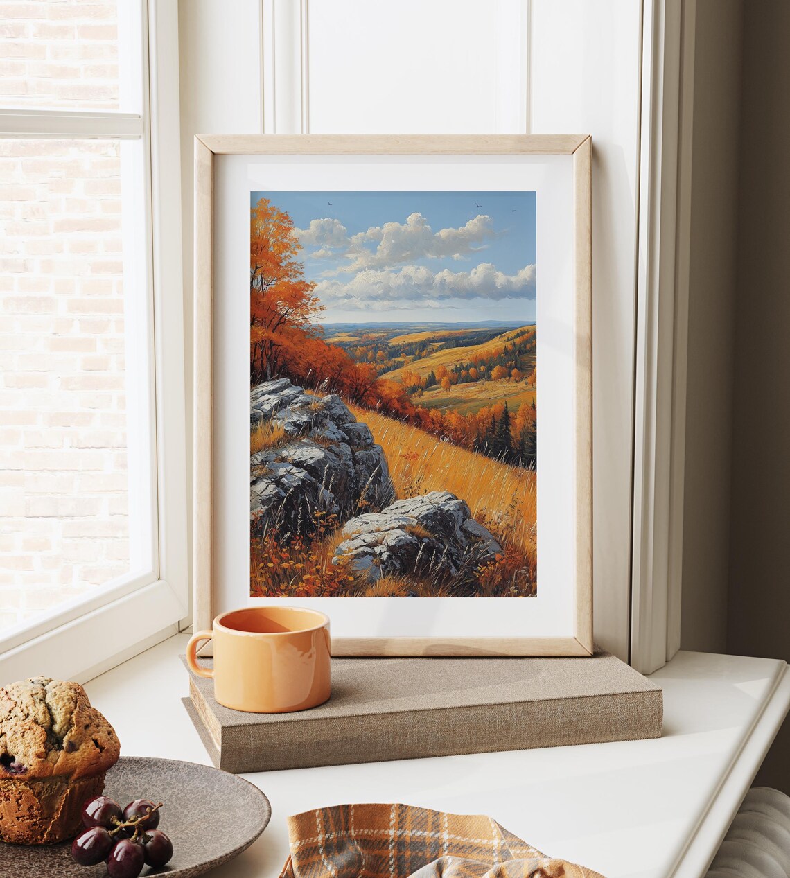 Rocky Hillside With Orange Birches Overlooking Autumn Valley Vista Wall Art - Image 6