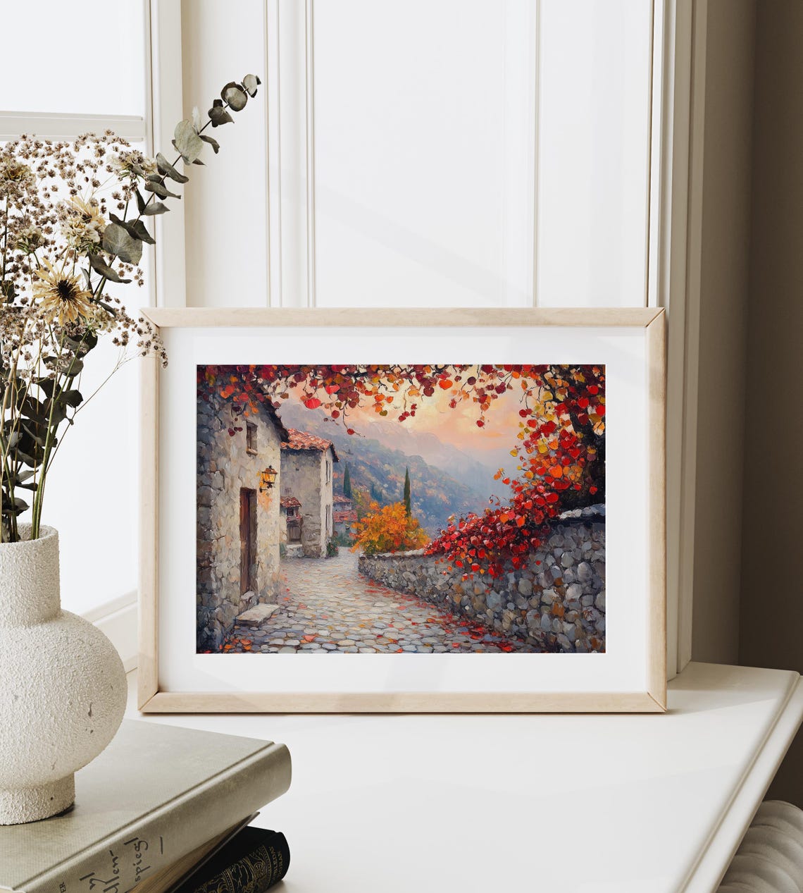 Cobblestone Village Lane Autumn Vines Stone Wall Rustic Fall Wall Art - Image 6