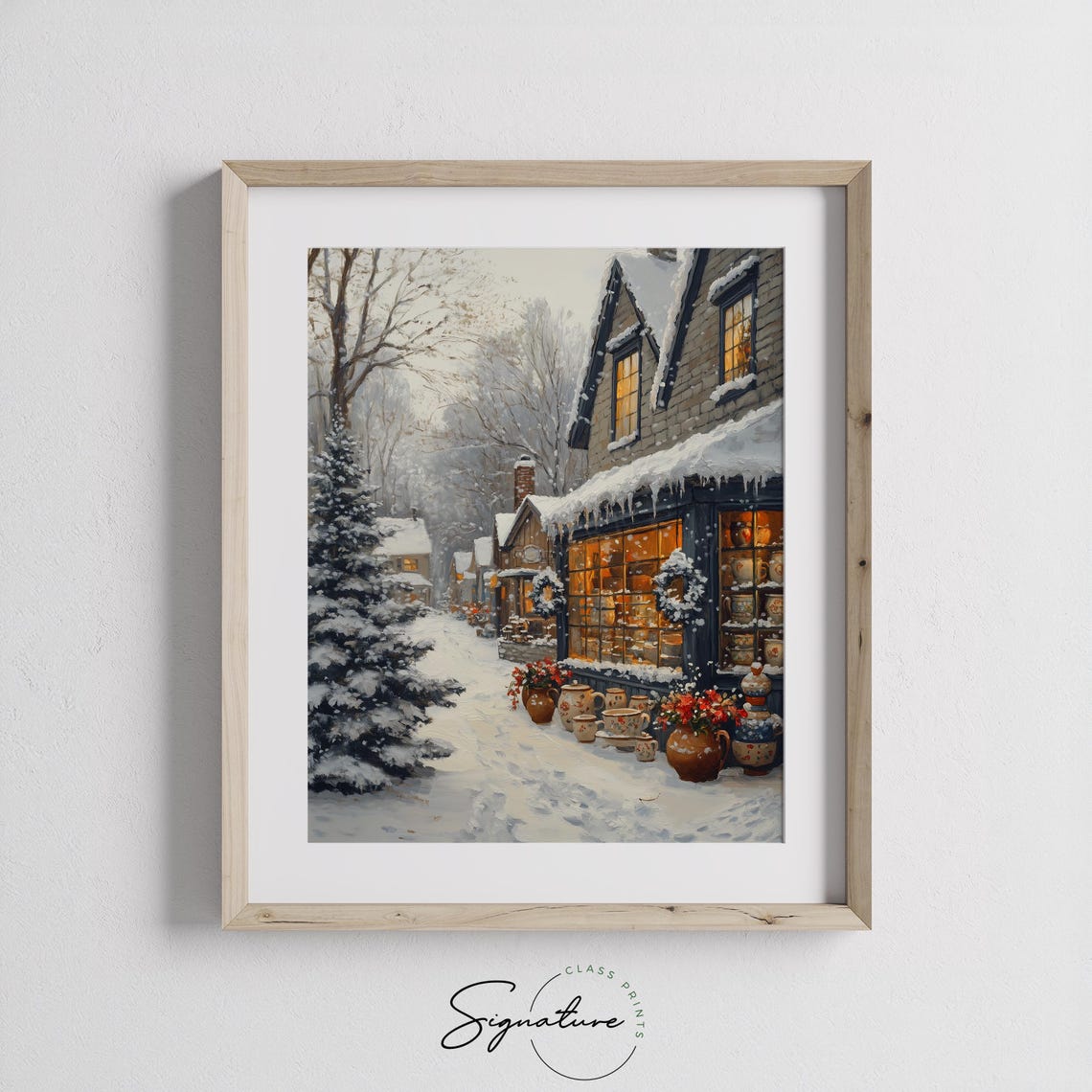 Snowy Pottery Shop with Glowing Window Winter Storefront Poster - Image 2