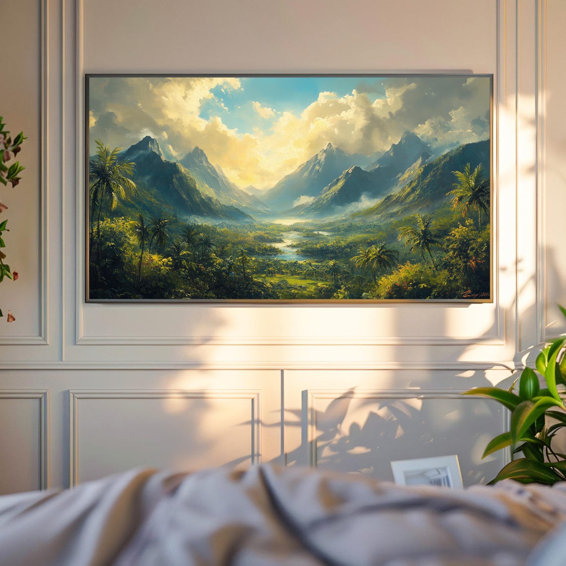 Misty Tropical Mountain Valley River Palms Golden Clouds Wall Art - Image 6