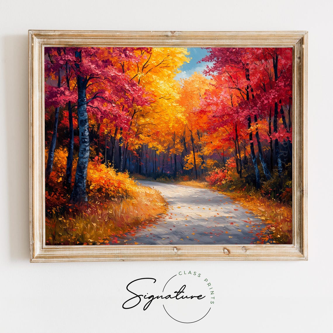 Autumn Forest Road Red Orange Trees Impasto Fall Landscape Wall Art