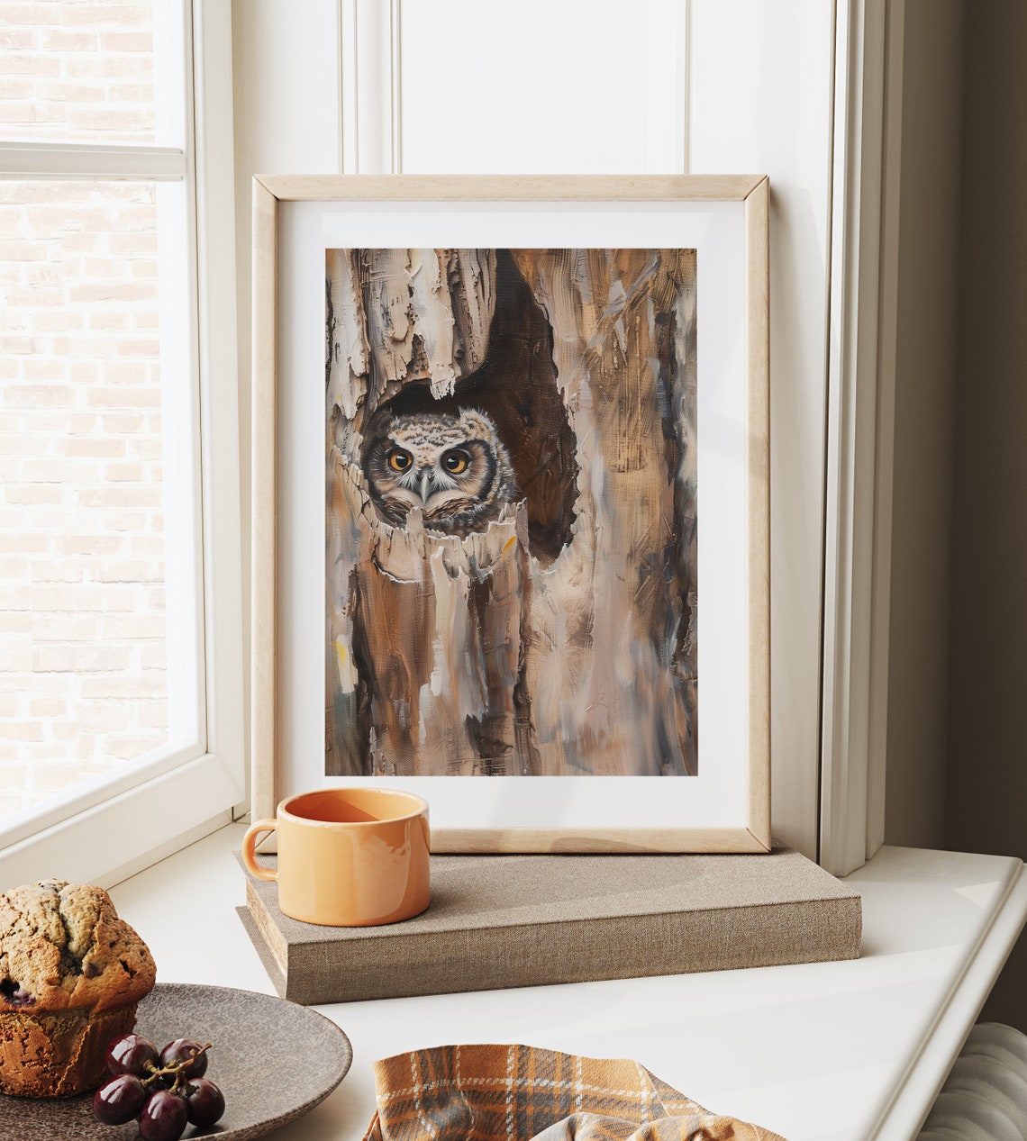 Curious Owl Peeking From Tree Hollow Woodland Bird Painting Poster - Image 6