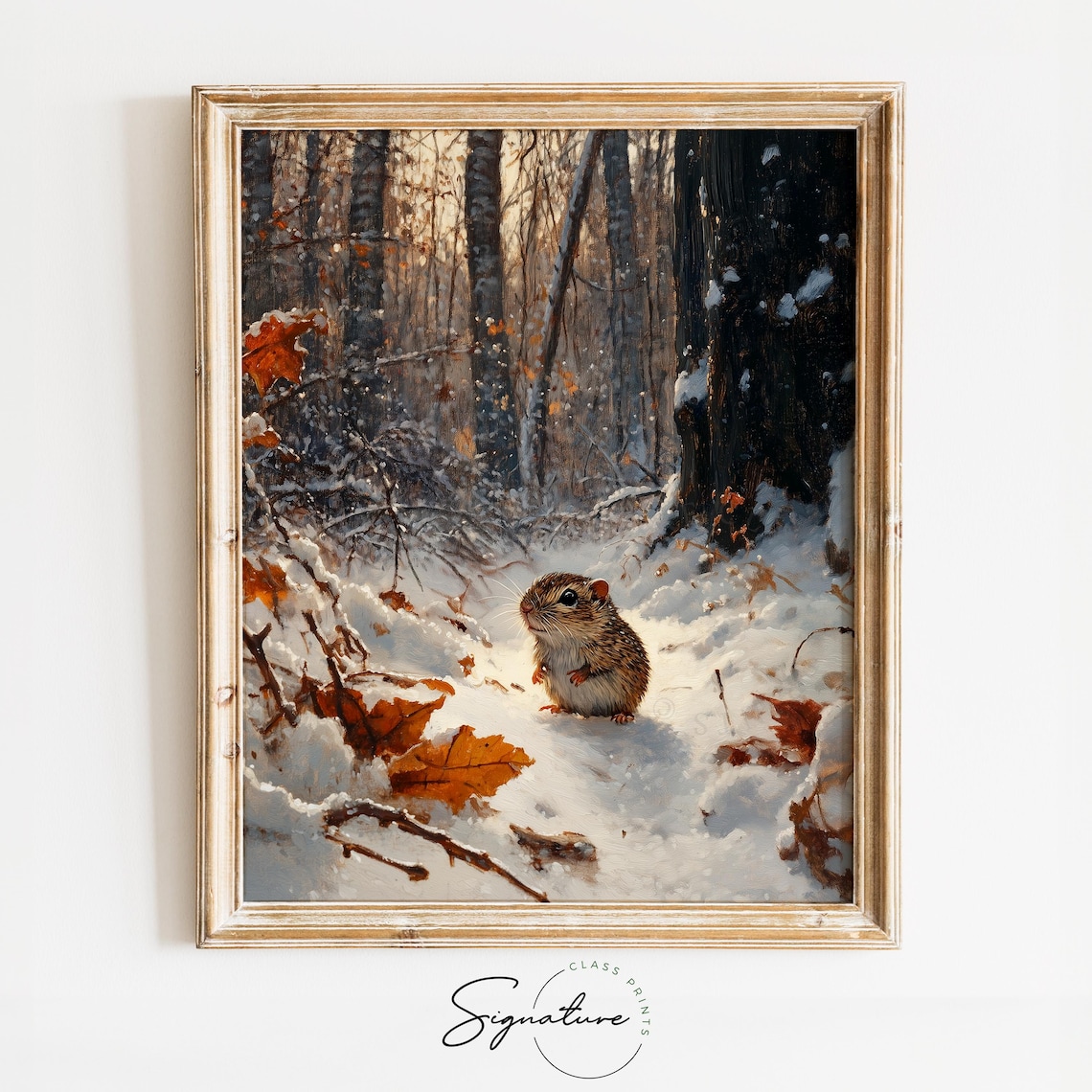 Tiny Woodland Rodent In Snowy Autumn Forest With Fallen Leaves Poster