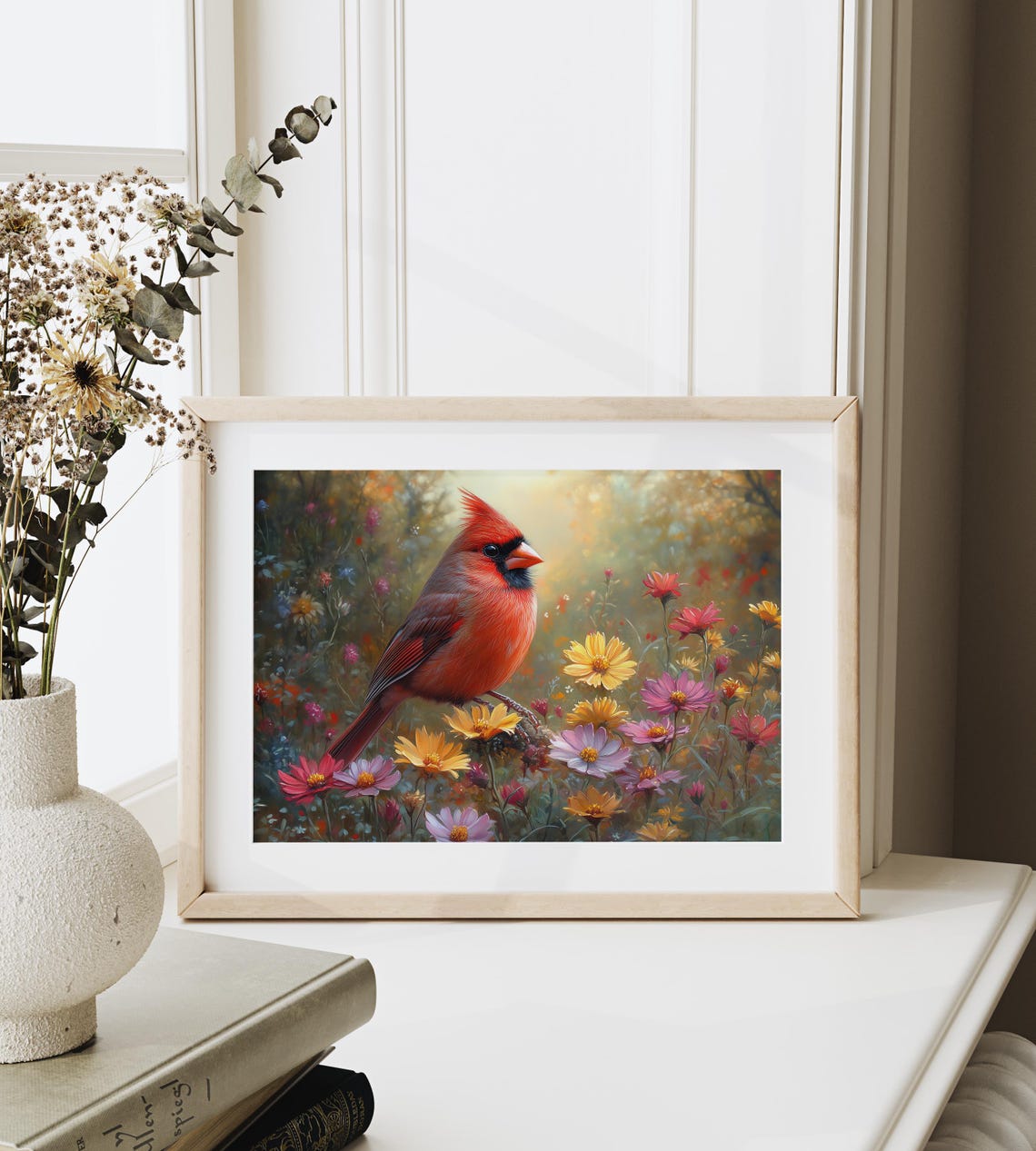 Northern Cardinal Perched In Colorful Wildflower Meadow Poster - Image 4