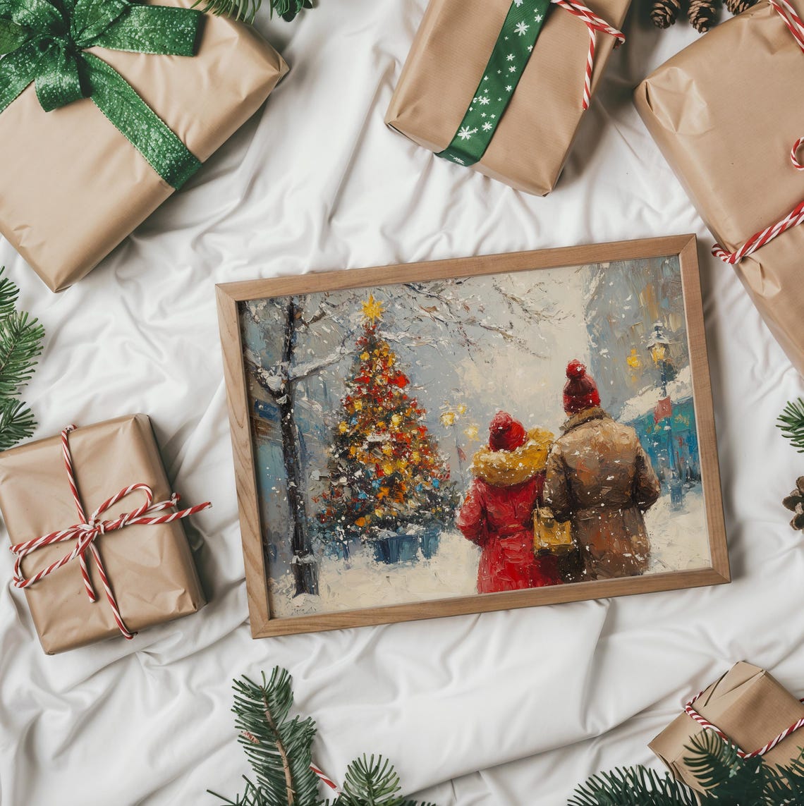 Couple Walking to Christmas Tree on Snowy City Street Poster - Image 2