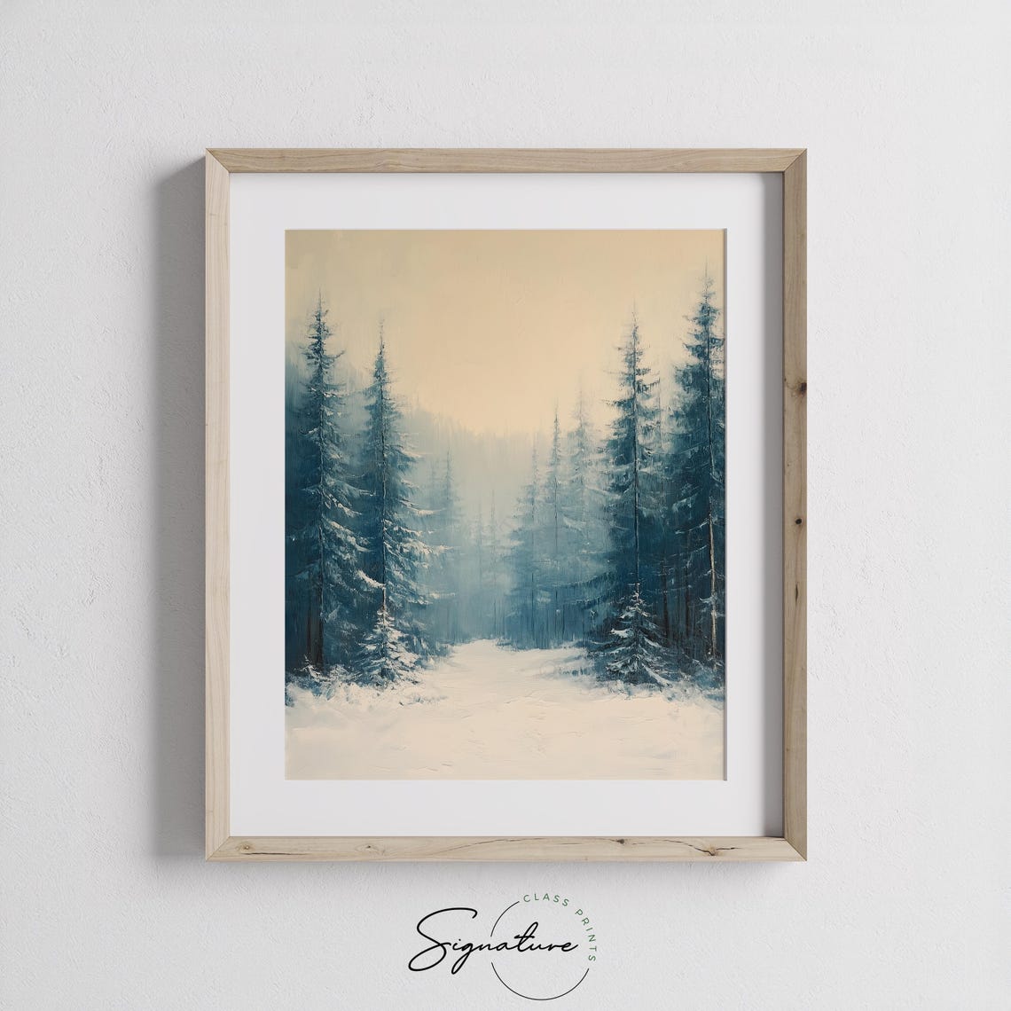 Misty Winter Pine Forest with Blue Green Treetops and Snow Poster - Image 2
