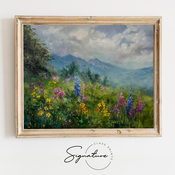 Rainy Day Wildflower Meadow Mountains Purple Yellow Bloom Nature Poster