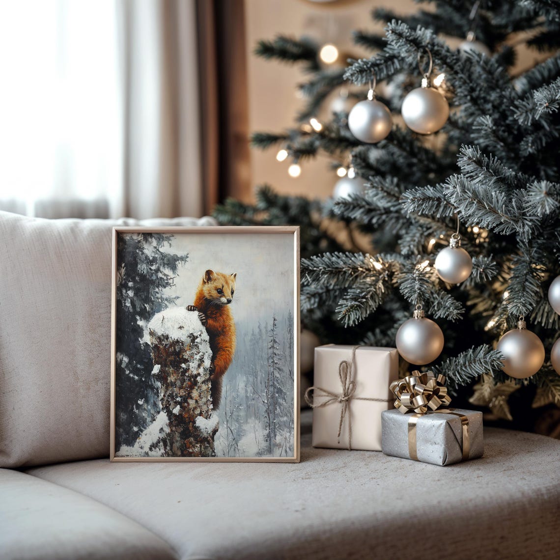 Red Woodland Mammal Climbing Snowy Tree Stump Winter Forest Art Poster - Image 5