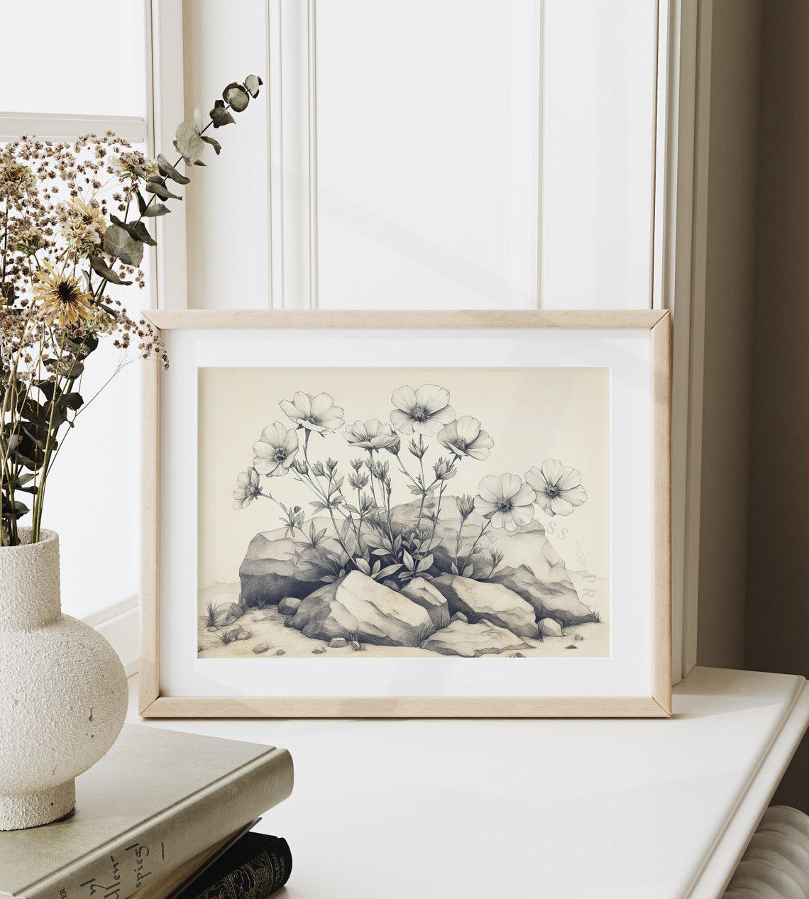Wildflowers Among Rocks Grayscale Vintage Engraving Style Poster - Image 6
