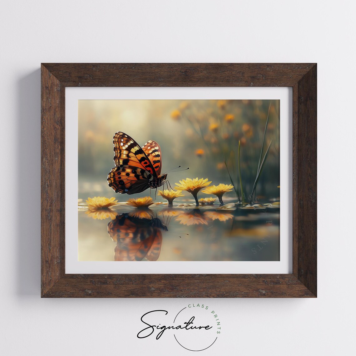 Butterfly Reflection In Golden Water With Yellow Flowers Calm Art Poster - Image 5