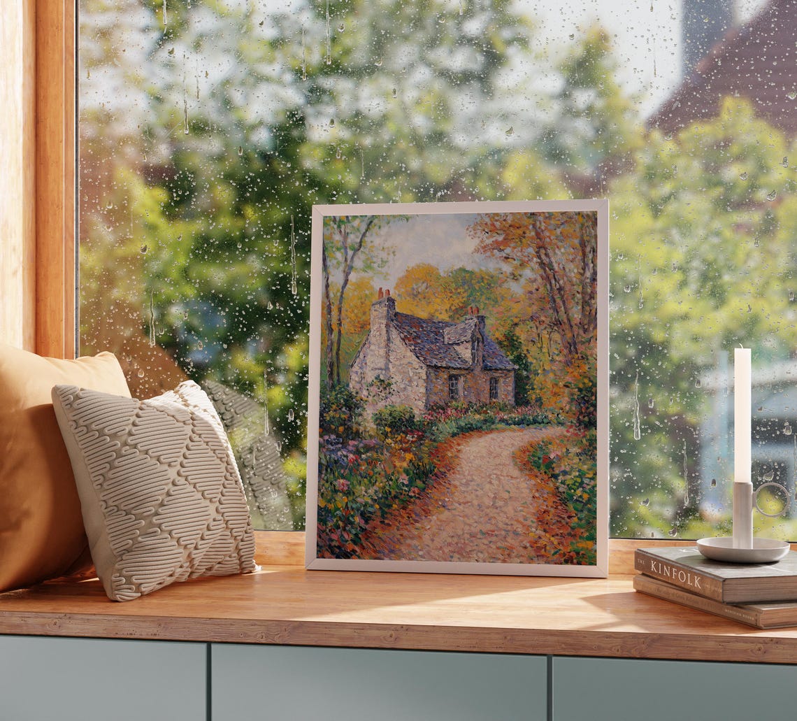 Cozy Stone Cottage Autumn Garden Impressionist Landscape Poster - Image 2