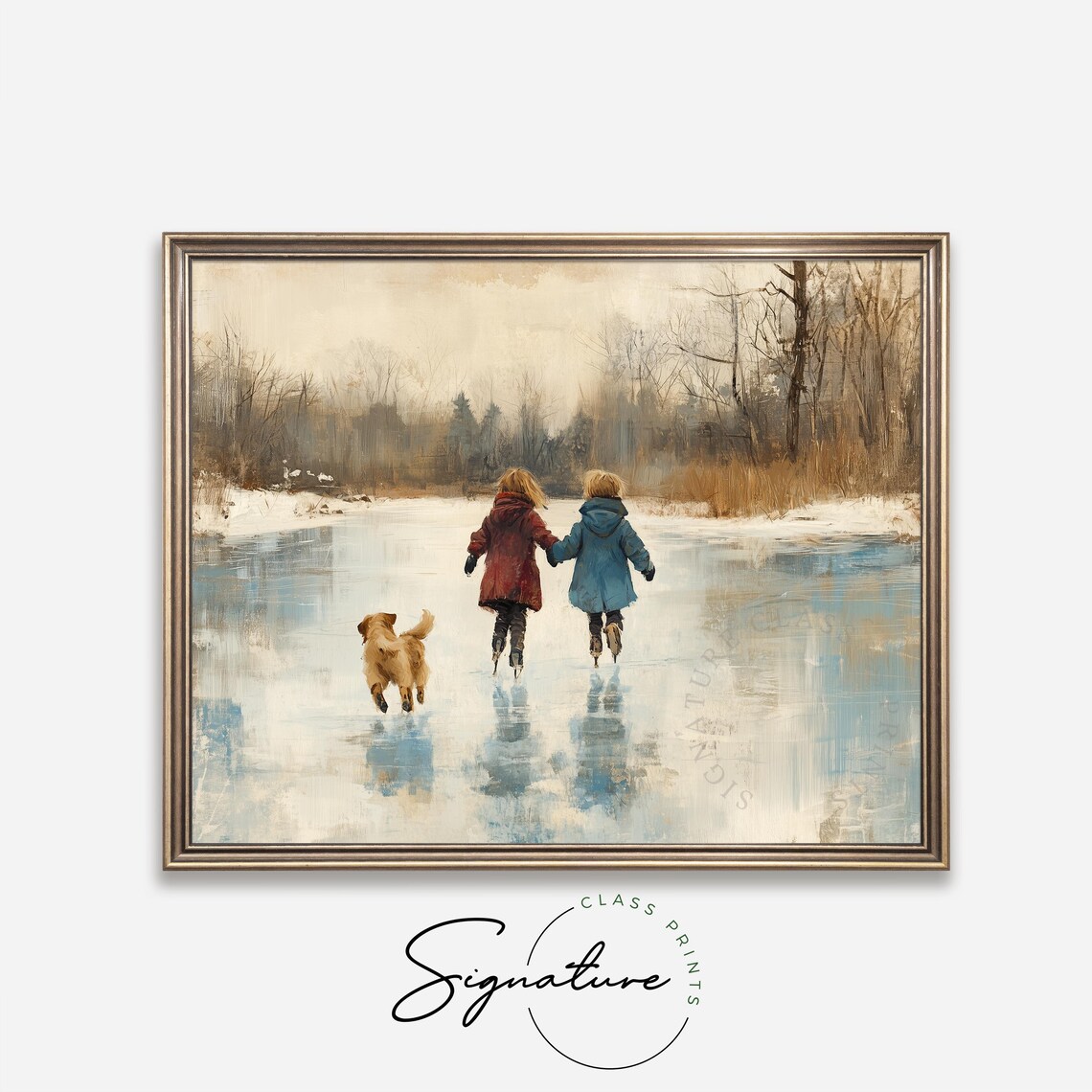 Children Ice Skating With Dog On Frozen Pond Winter Scene Poster - Image 4