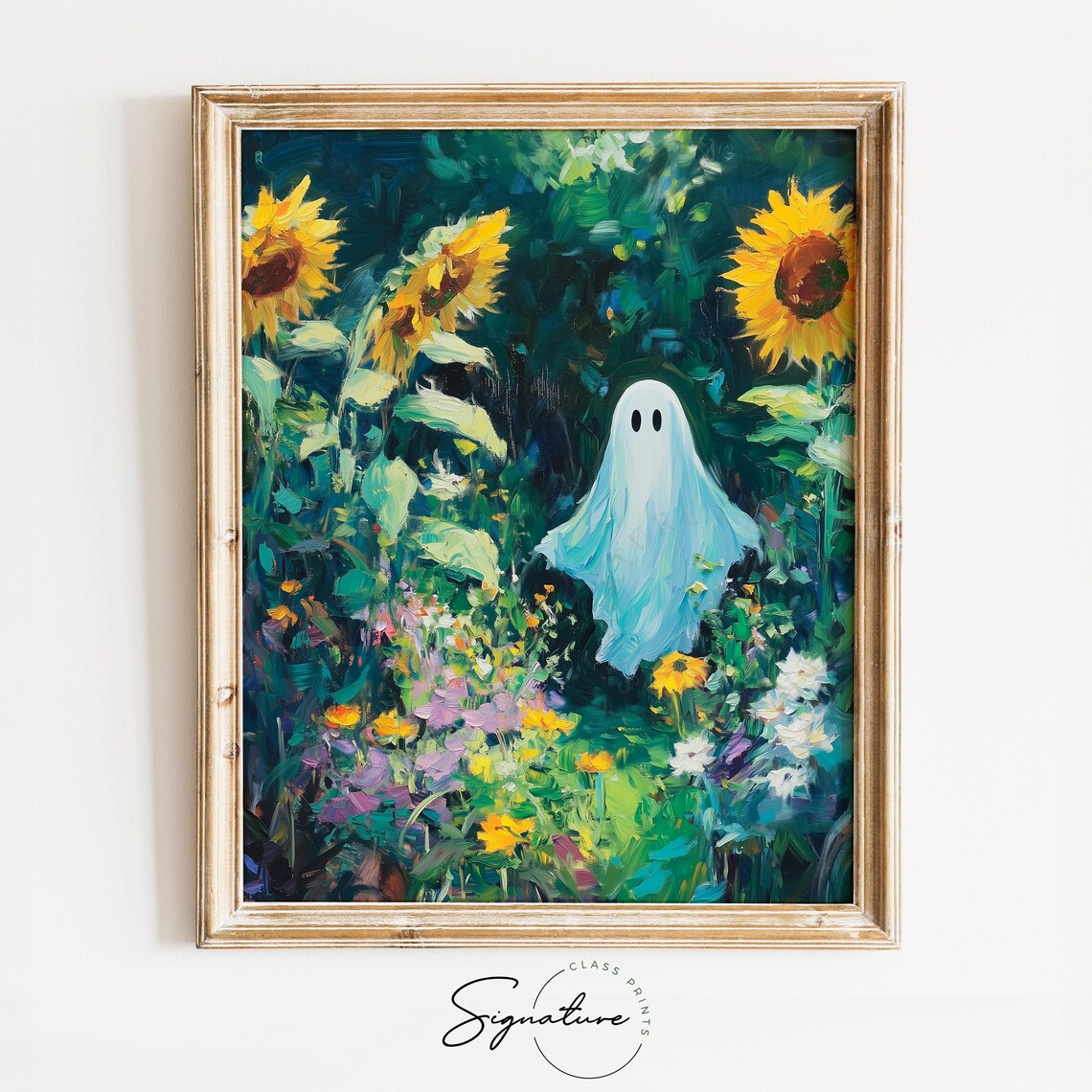 White Ghost Sunflower Garden Dark Green Wildflowers Art Poster