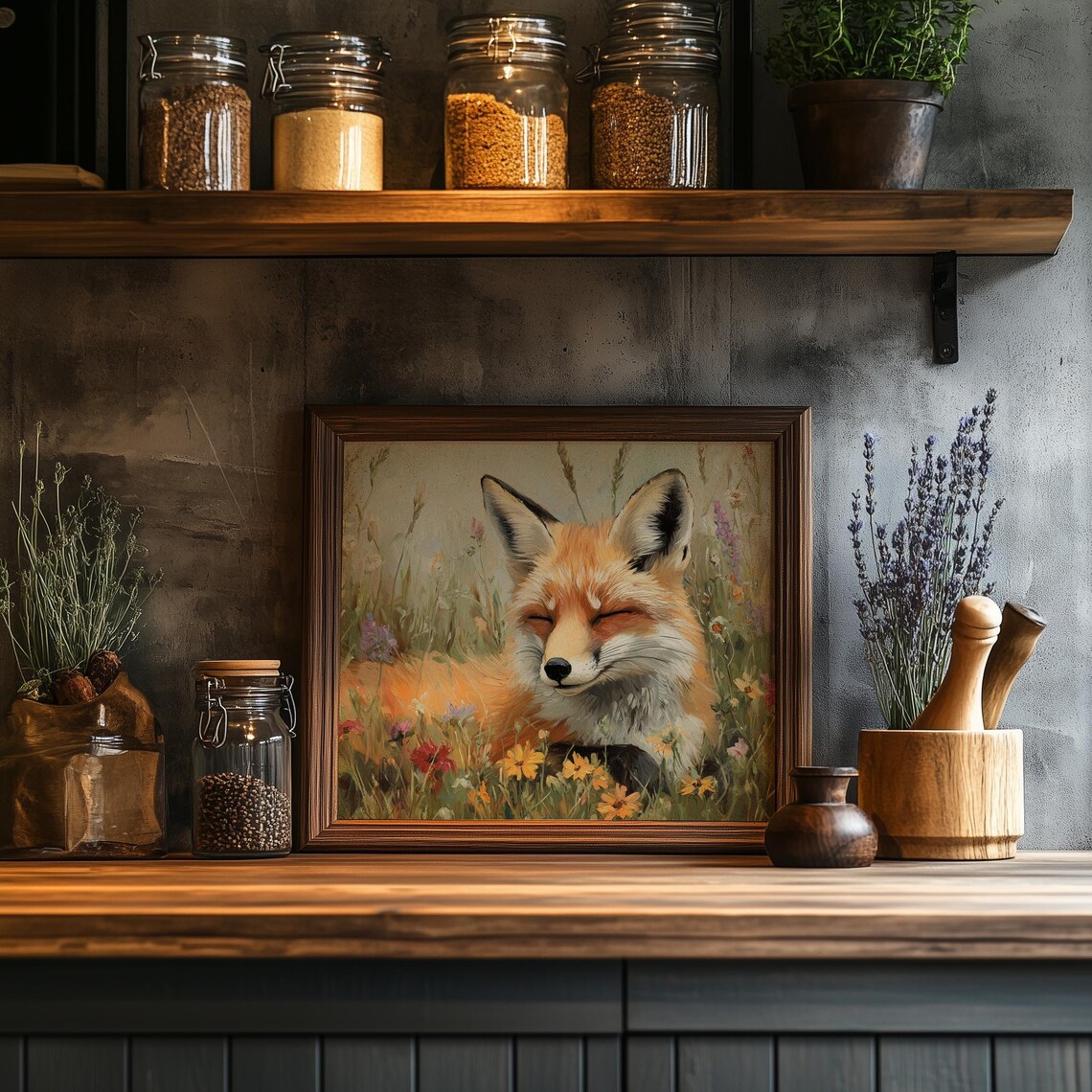 Red Fox Resting in Blooming Field Wildflower Wildlife Painting Poster - Image 2