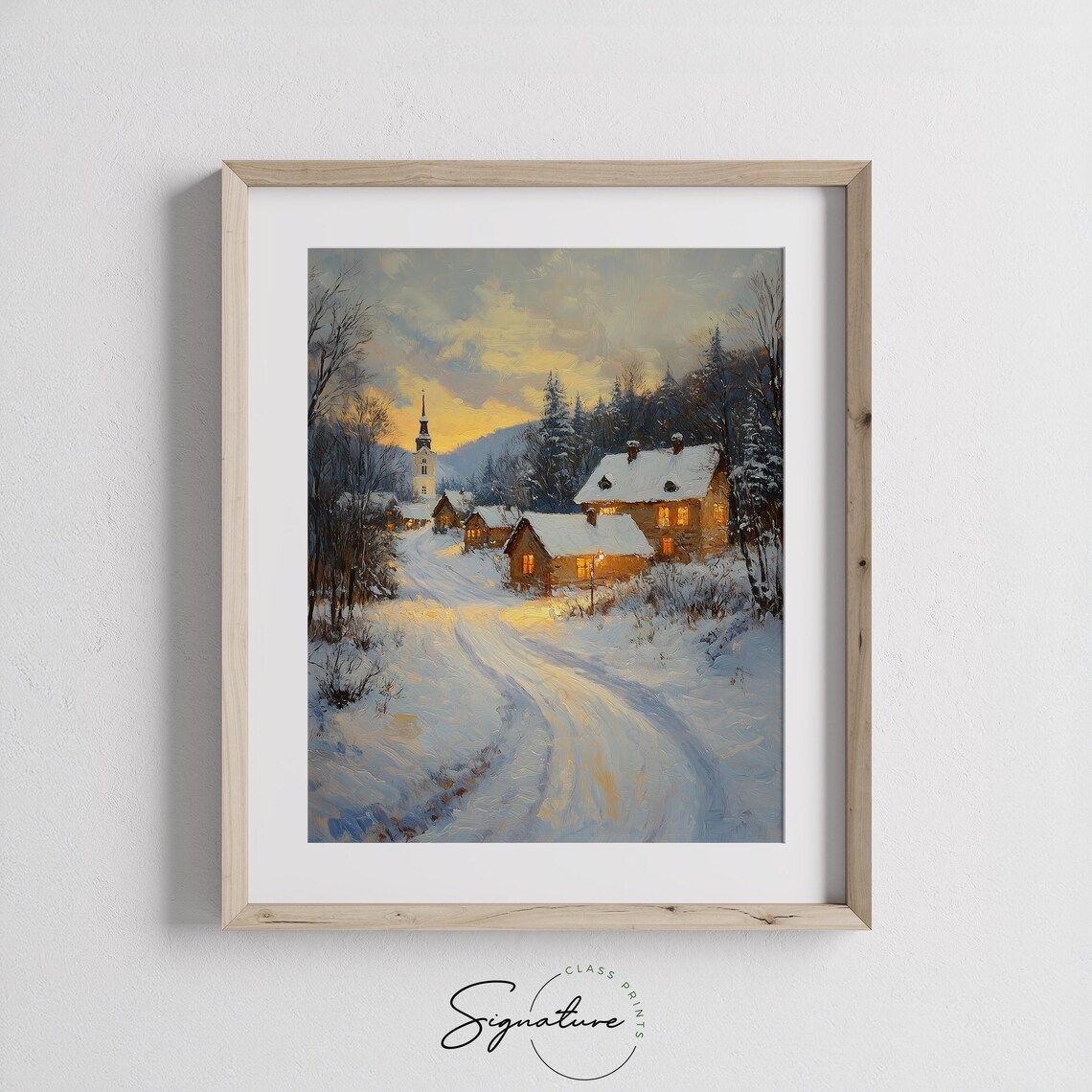 Snowy Village Church at Sunset with Glowing Cottages Holiday Poster - Image 2