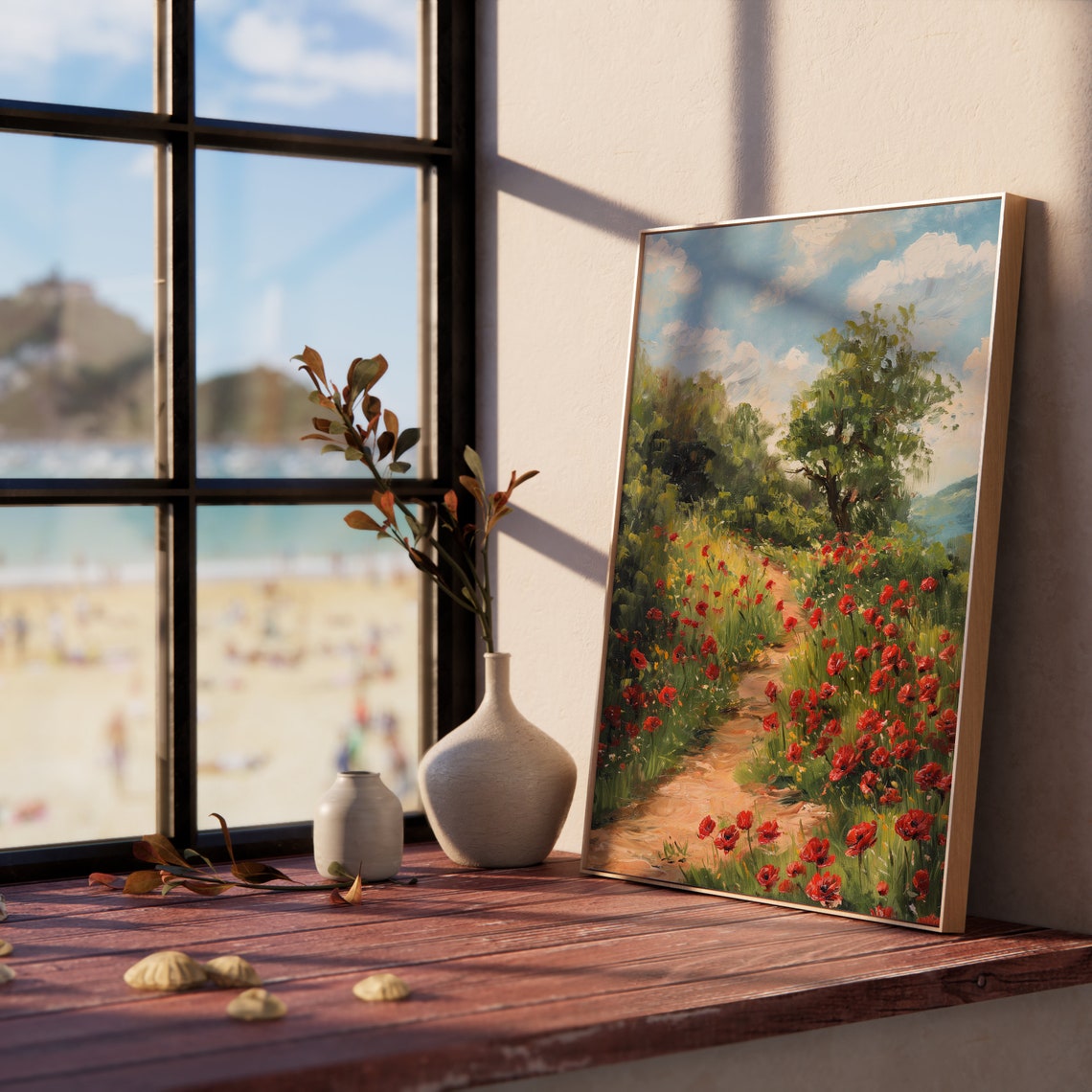 Winding Poppy Field Path Under Sunlit Sky Summer Wildflower Poster - Image 5