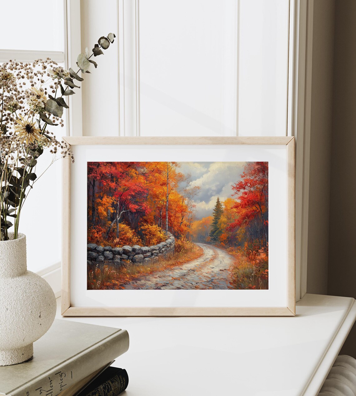 Stone Wall Country Road Crimson Maple Autumn Woods Painting Print - Image 6